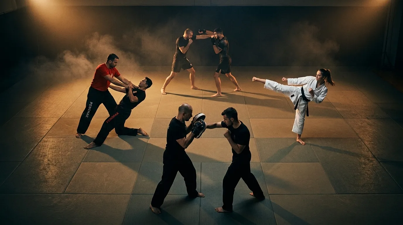 Groupe de pratiquants à l'entraînement dans le dojo de l'AKDC