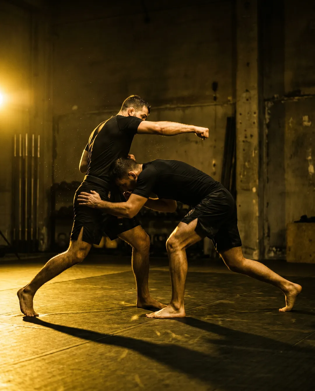 Combattant de Karaté Mix en mouvement explosif, lumière orange